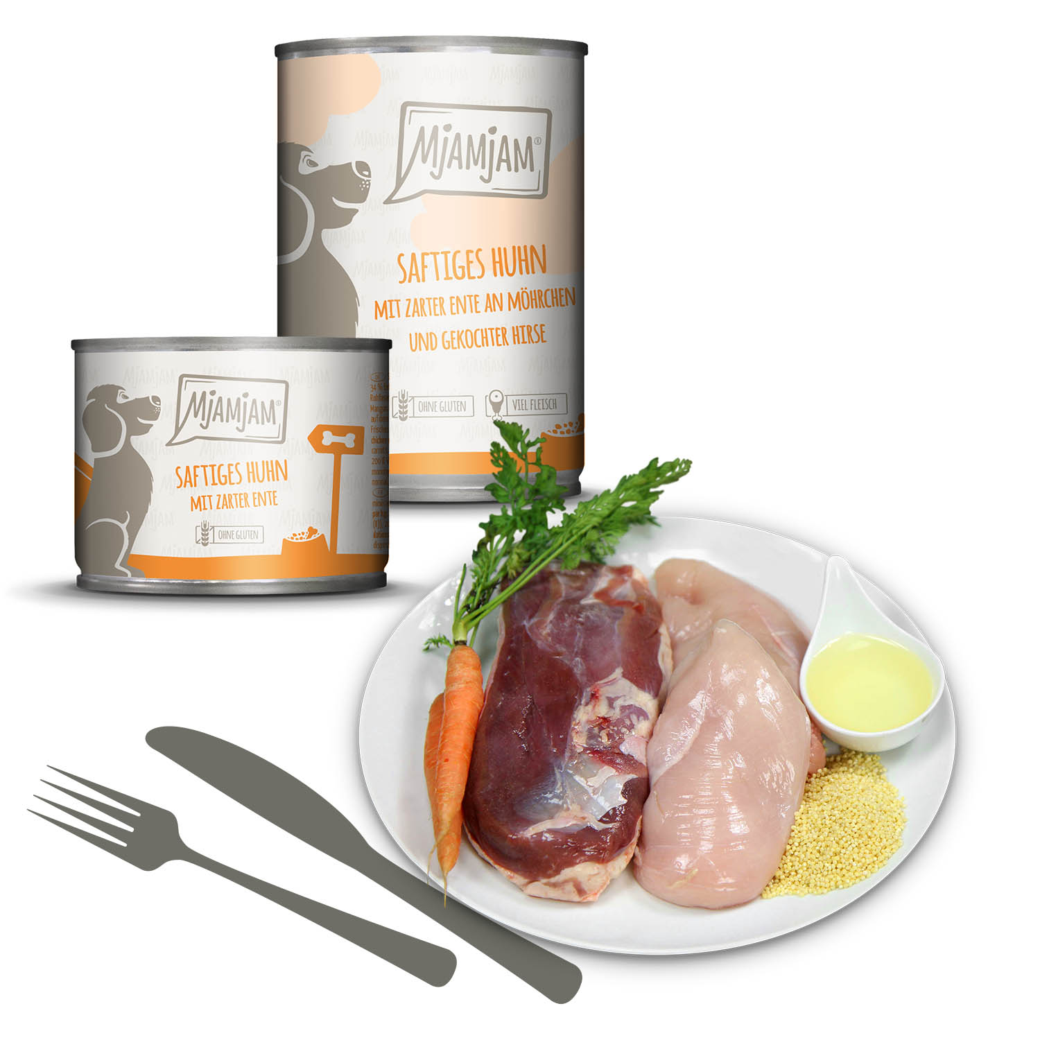 MjAMjAM saftiges Huhn mit zarter Ente an Möhrchen und gekochter Hirse, 800g