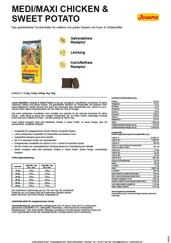 Josera Medi/Maxi Chicken & Sweet Potatoe (vorher Nature Energetic) 900g